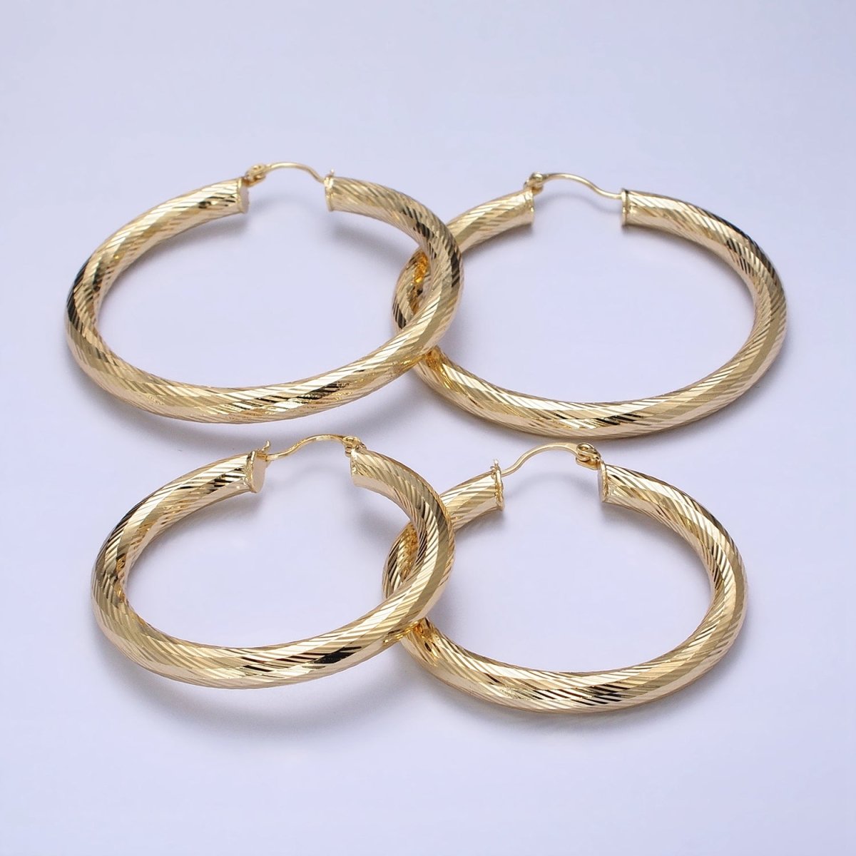 14K Gold plated 35mm, 45mm, 55mm Line-Textured Twisted French Lock Latch Hoop Earrings | AE009 - AE011