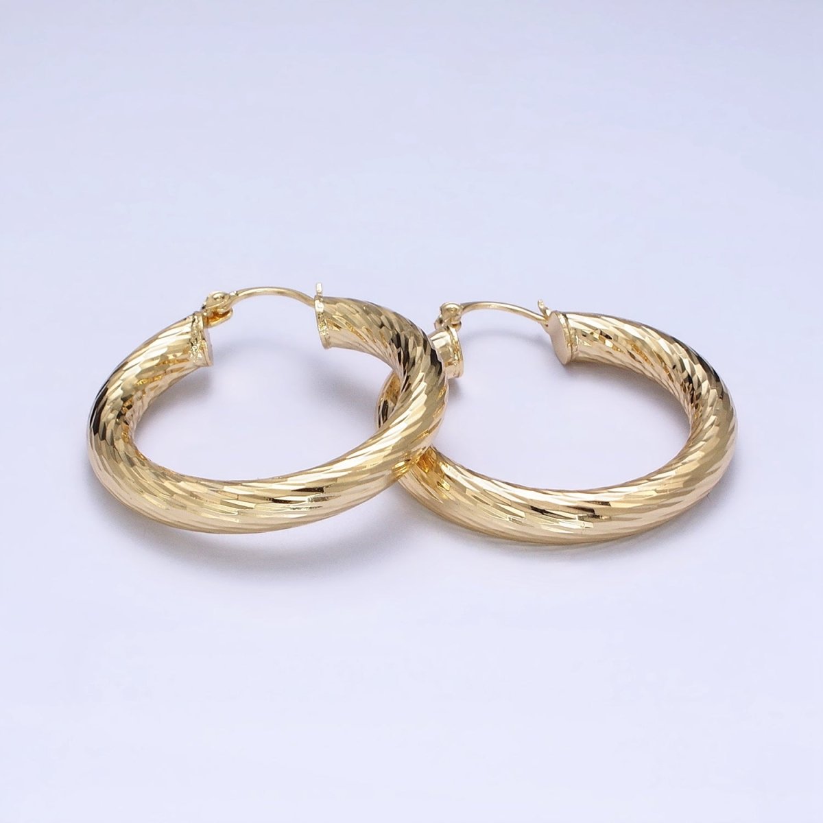 14K Gold plated 35mm, 45mm, 55mm Line-Textured Twisted French Lock Latch Hoop Earrings | AE009 - AE011