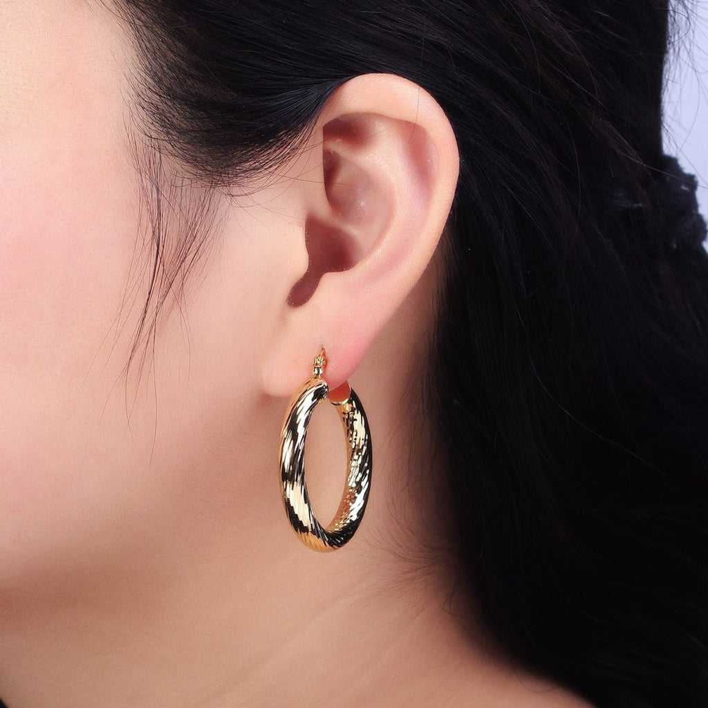 14K Gold plated 35mm, 45mm, 55mm Line-Textured Twisted French Lock Latch Hoop Earrings | AE009 - AE011