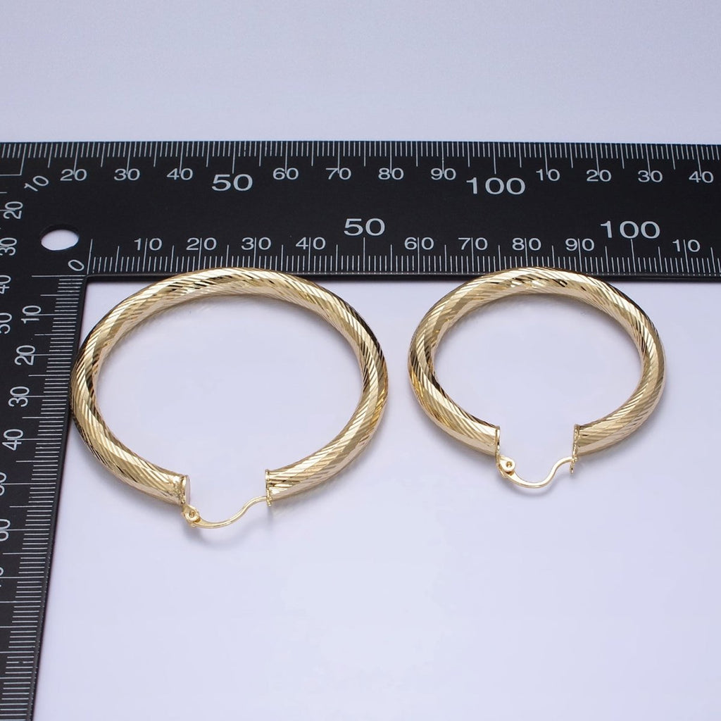 14K Gold plated 35mm, 45mm, 55mm Line-Textured Twisted French Lock Latch Hoop Earrings | AE009 - AE011