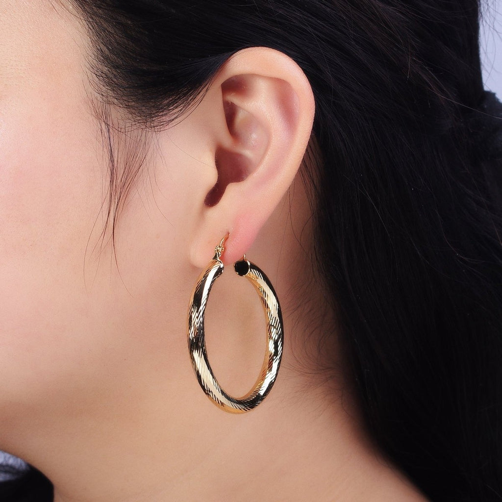 14K Gold plated 35mm, 45mm, 55mm Line-Textured Twisted French Lock Latch Hoop Earrings | AE009 - AE011