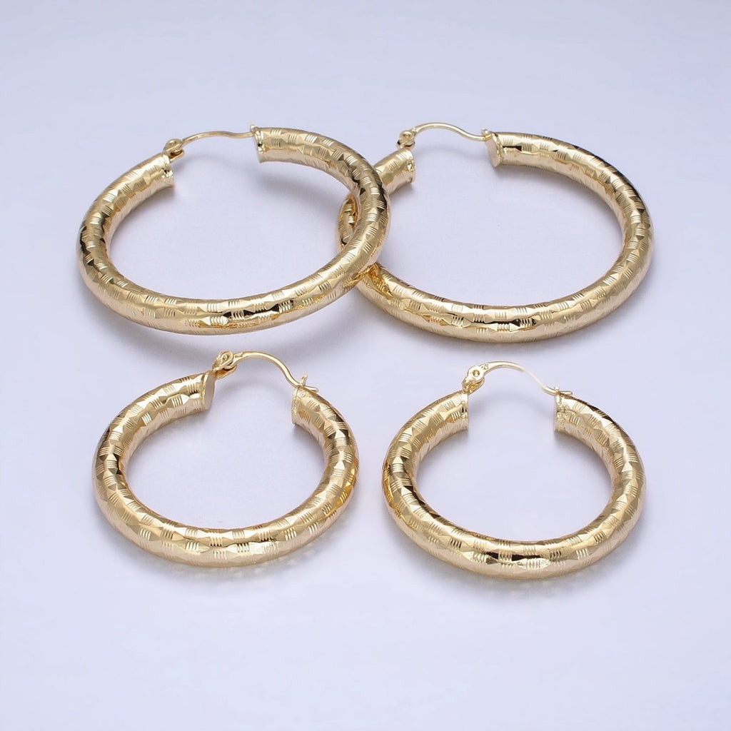 14K Gold plated 35mm, 55mm, 50mm Line-Texture Multifaceted French Lock Latch Hoop Earrings | AE001 - AE003