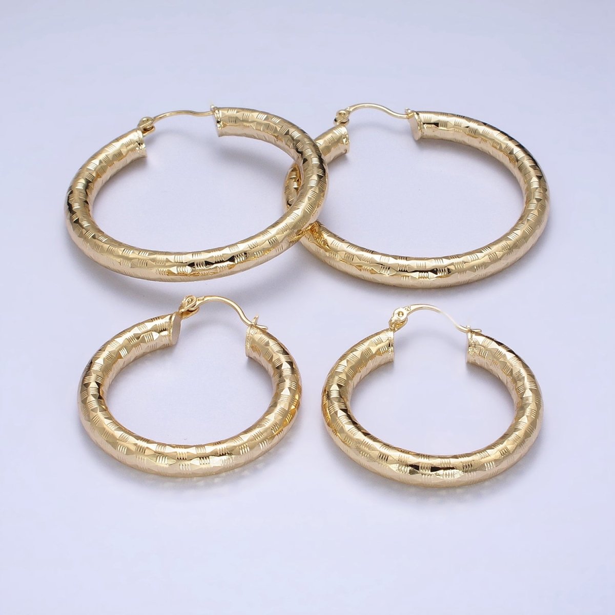 14K Gold plated 35mm, 55mm, 50mm Line-Texture Multifaceted French Lock Latch Hoop Earrings | AE001 - AE003