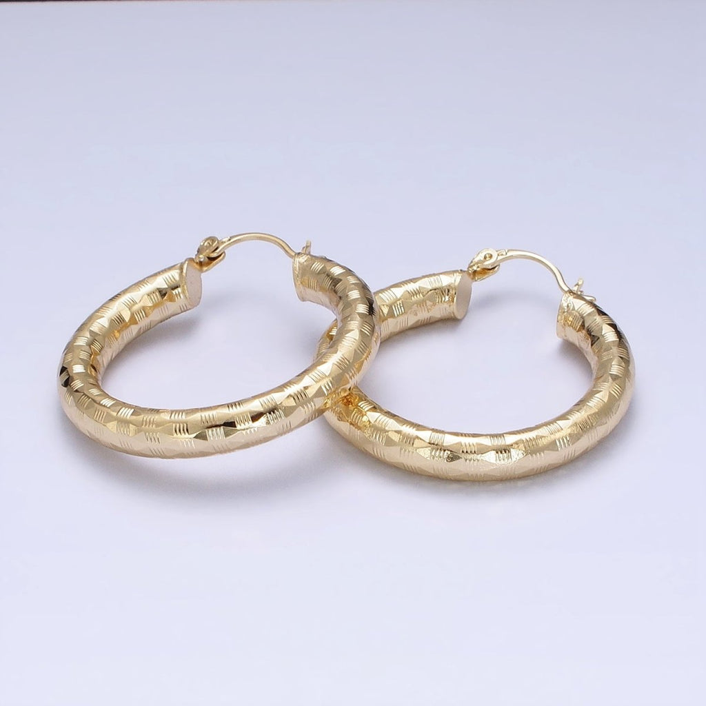 14K Gold plated 35mm, 55mm, 50mm Line-Texture Multifaceted French Lock Latch Hoop Earrings | AE001 - AE003