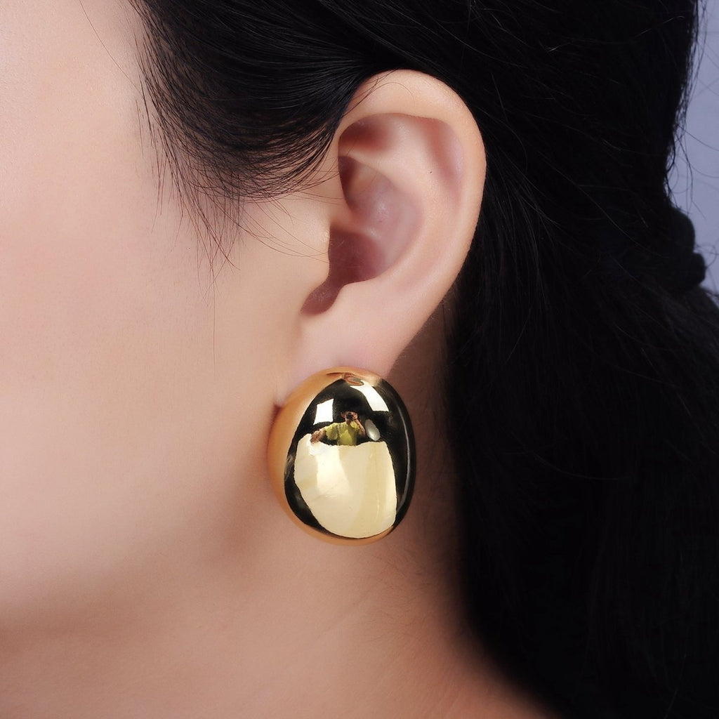 14K Gold plated 35mm Bean Oval Dome Statement Stud Earrings | AE-240 - DLUXCA