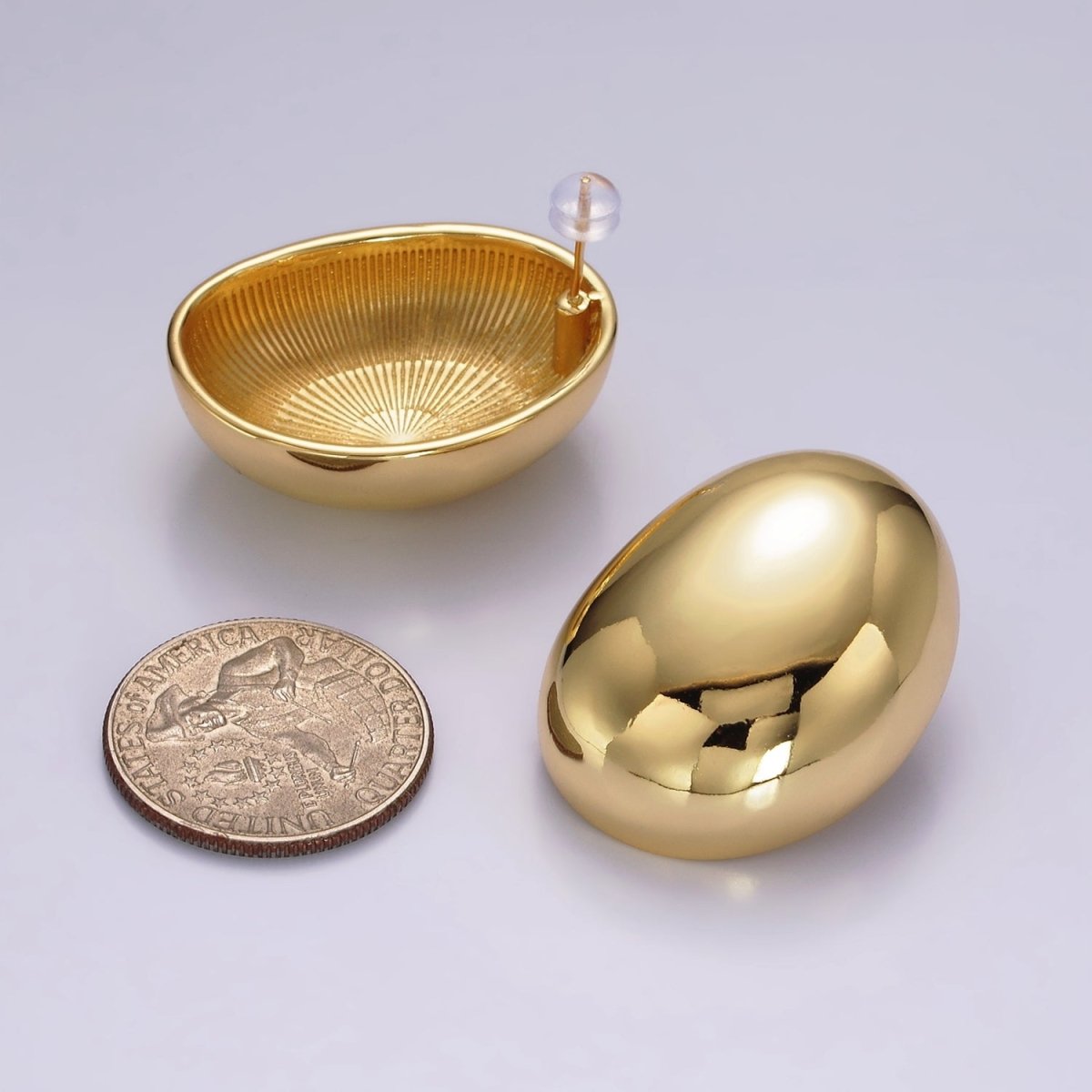 14K Gold plated 35mm Bean Oval Dome Statement Stud Earrings | AE-240 - DLUXCA