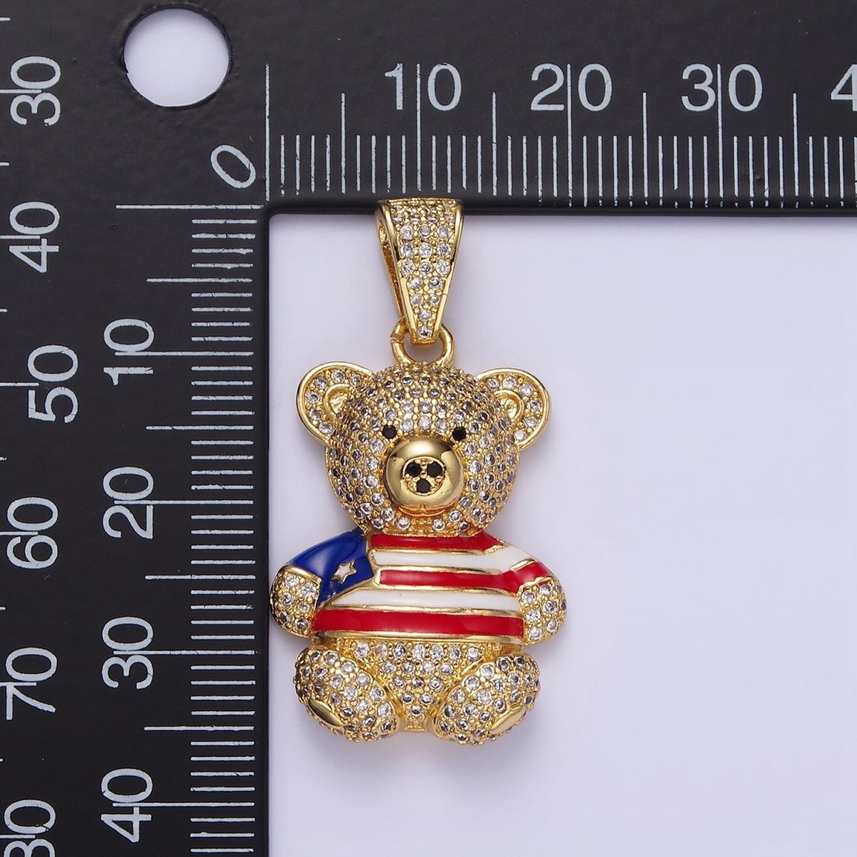 14K Gold plated 35mm Bear Animal Flag Shirt Clear Micro Paved CZ Bail Pendant | AA642 - DLUXCA