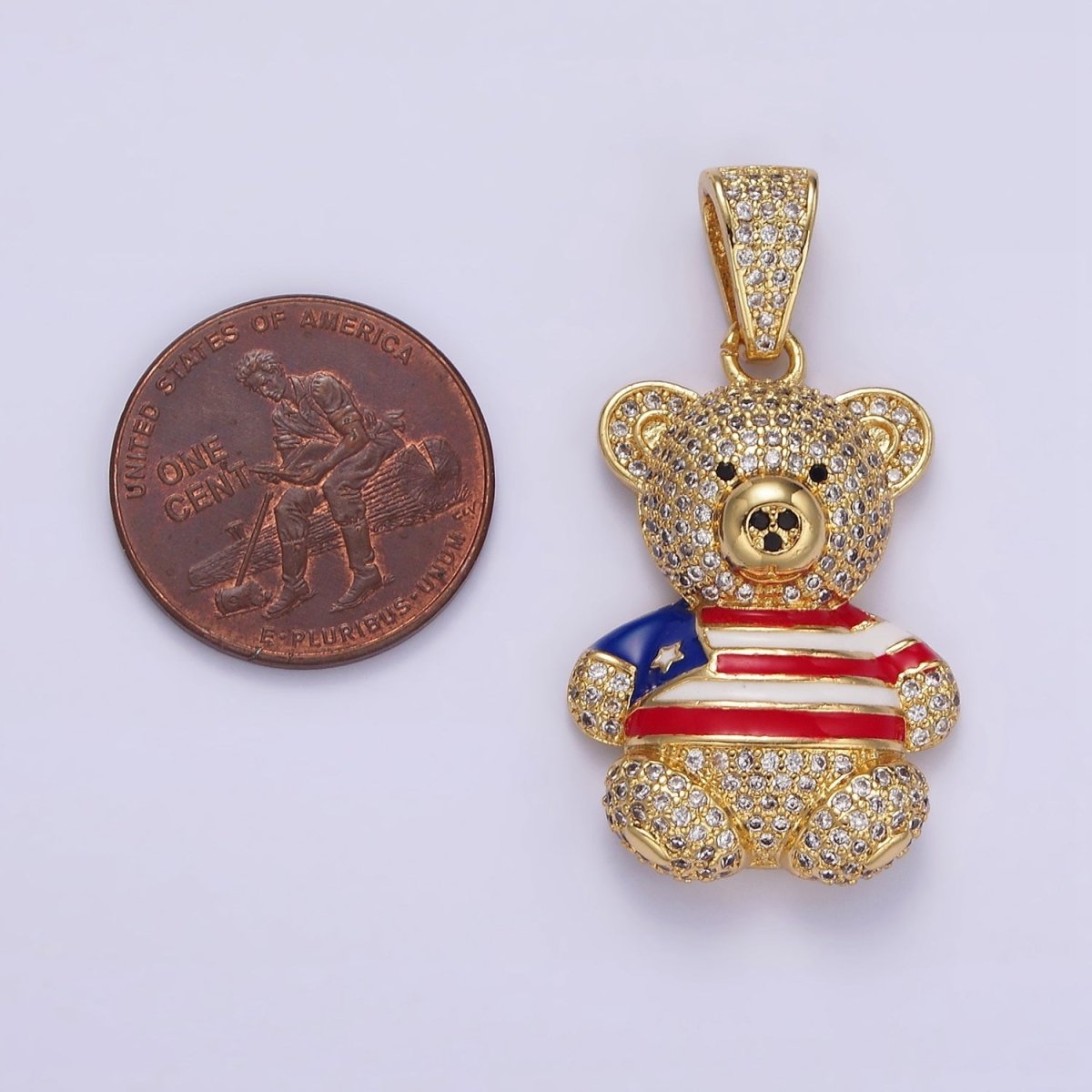 14K Gold plated 35mm Bear Animal Flag Shirt Clear Micro Paved CZ Bail Pendant | AA642 - DLUXCA