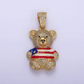 14K Gold plated 35mm Bear Animal Flag Shirt Clear Micro Paved CZ Bail Pendant | AA642 - DLUXCA