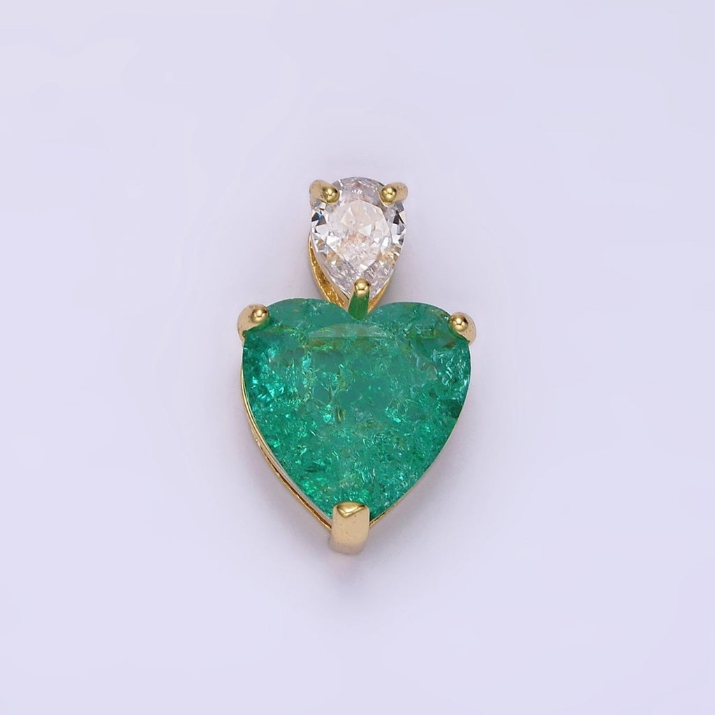 14K Gold plated 35mm Green Heart CZ Teardrop Pendant | N1830 - DLUXCA
