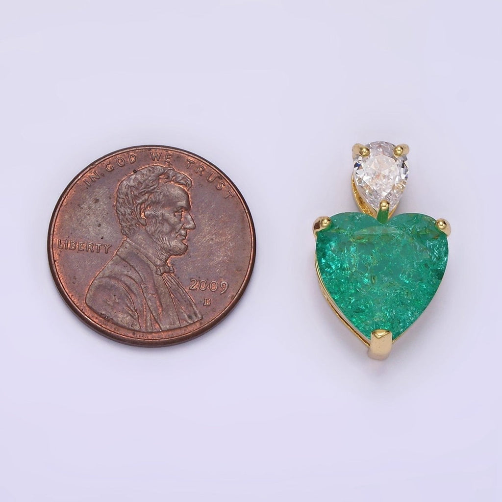 14K Gold plated 35mm Green Heart CZ Teardrop Pendant | N1830 - DLUXCA