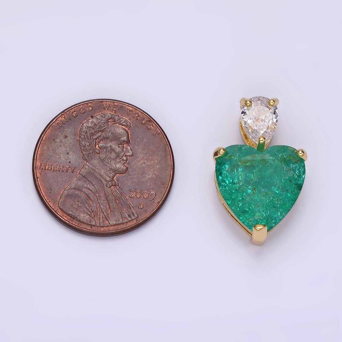 14K Gold plated 35mm Green Heart CZ Teardrop Pendant | N1830 - DLUXCA