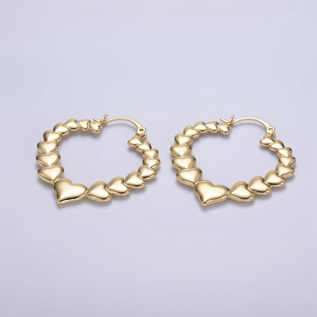 14K Gold plated 35mm Puffed Heart Lined French Lock Latch Hoop Earrings | AE728 - DLUXCA