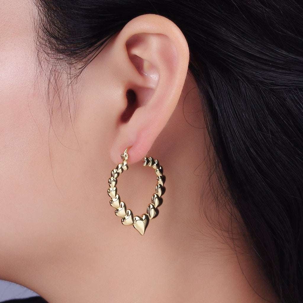 14K Gold plated 35mm Puffed Heart Lined French Lock Latch Hoop Earrings | AE728 - DLUXCA