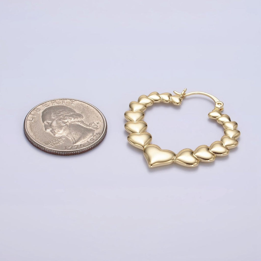 14K Gold plated 35mm Puffed Heart Lined French Lock Latch Hoop Earrings | AE728 - DLUXCA
