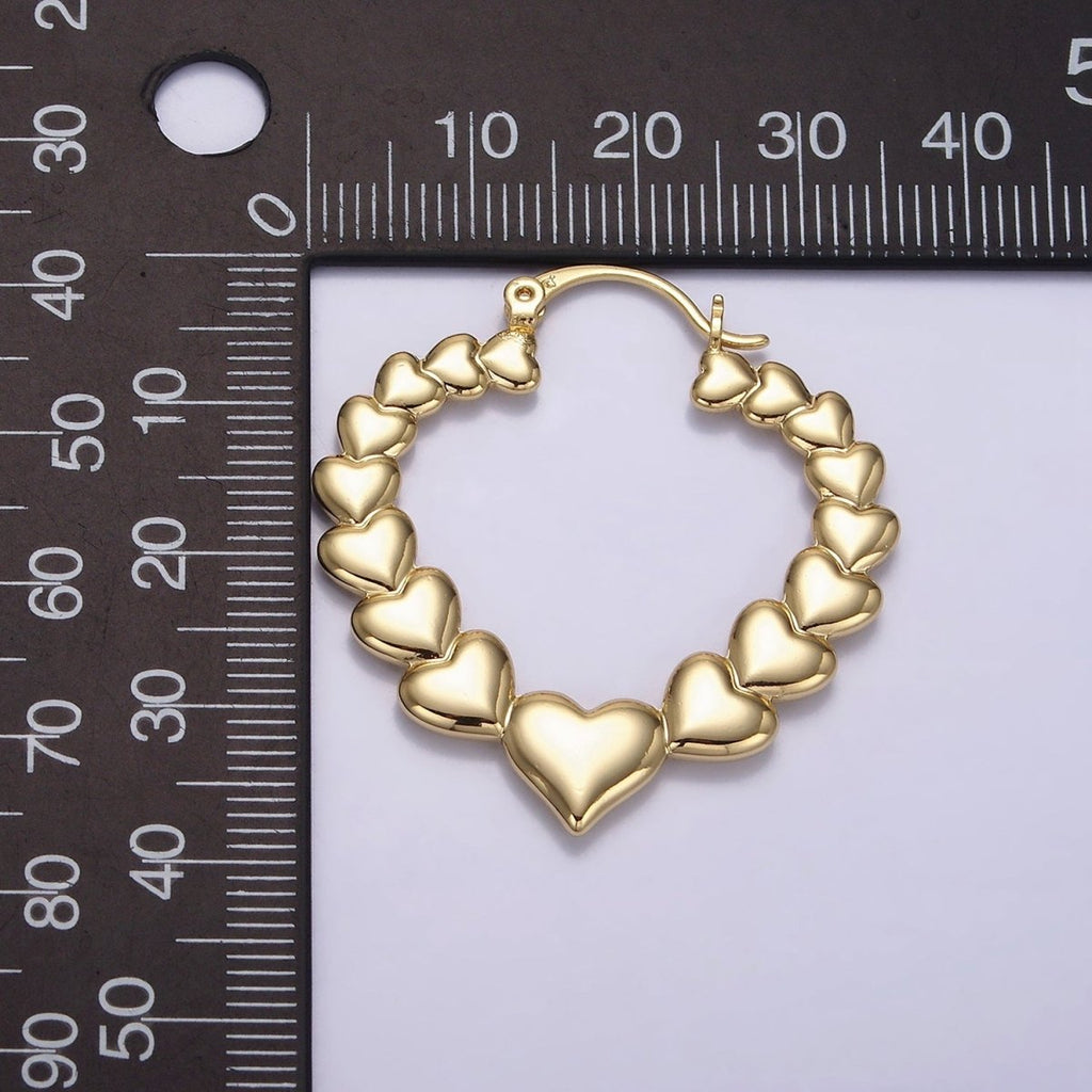 14K Gold plated 35mm Puffed Heart Lined French Lock Latch Hoop Earrings | AE728 - DLUXCA