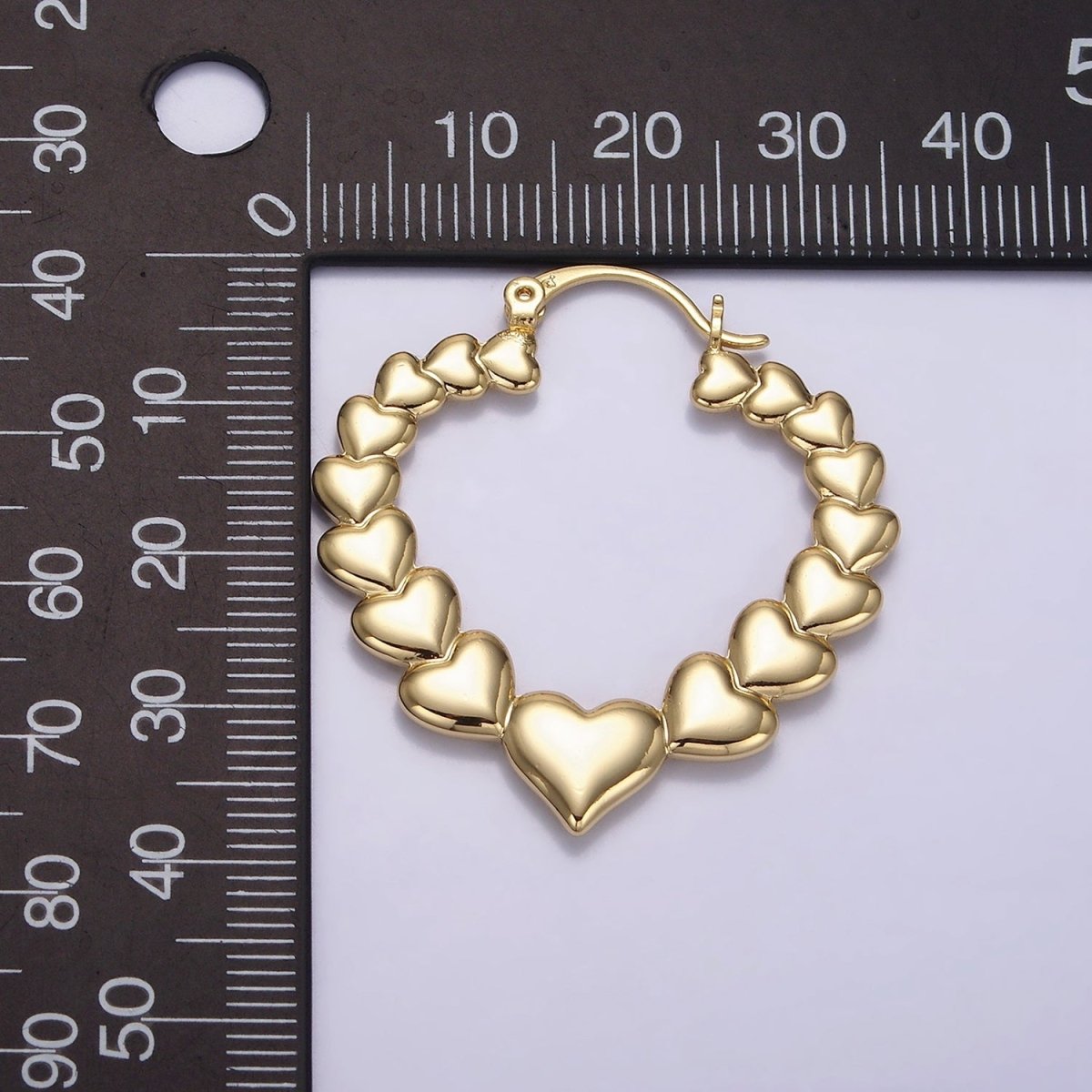 14K Gold plated 35mm Puffed Heart Lined French Lock Latch Hoop Earrings | AE728 - DLUXCA