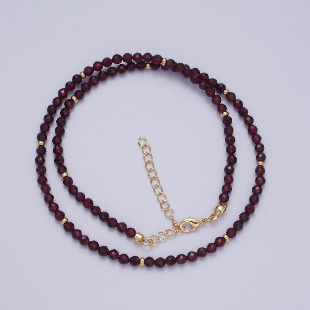 14K Gold plated 3.5mm Red Garnet Gemstone Bead 16 Inch Choker Necklace | WA - 01282 - DLUXCA