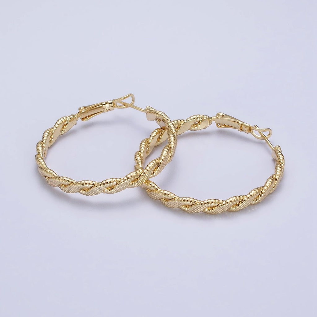 14K Gold plated 35mm Textured Flat Twisted Hinge Hoop Earrings | AE047 - DLUXCA