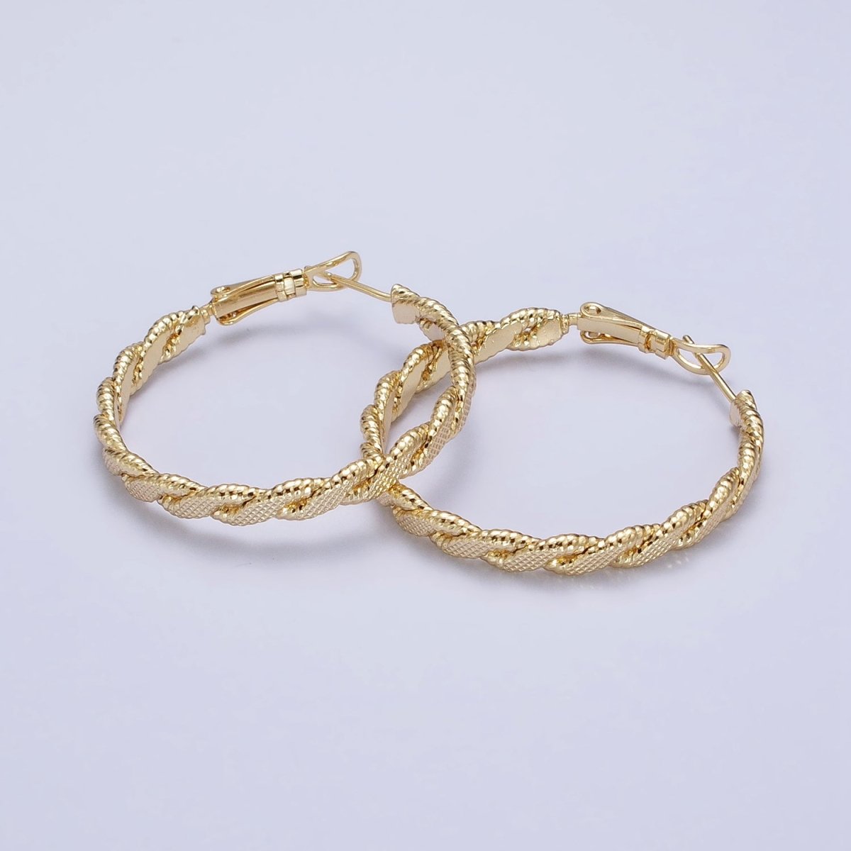 14K Gold plated 35mm Textured Flat Twisted Hinge Hoop Earrings | AE047 - DLUXCA