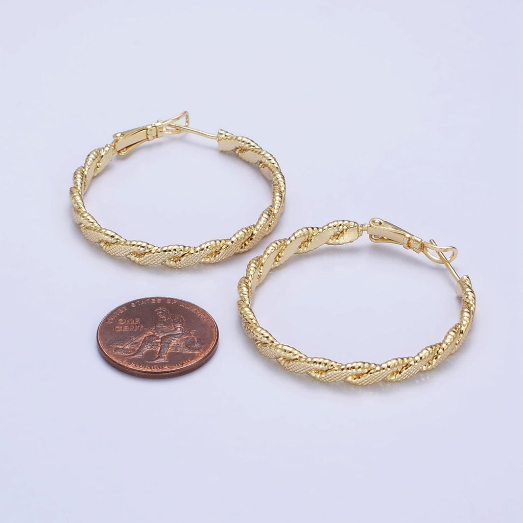 14K Gold plated 35mm Textured Flat Twisted Hinge Hoop Earrings | AE047 - DLUXCA