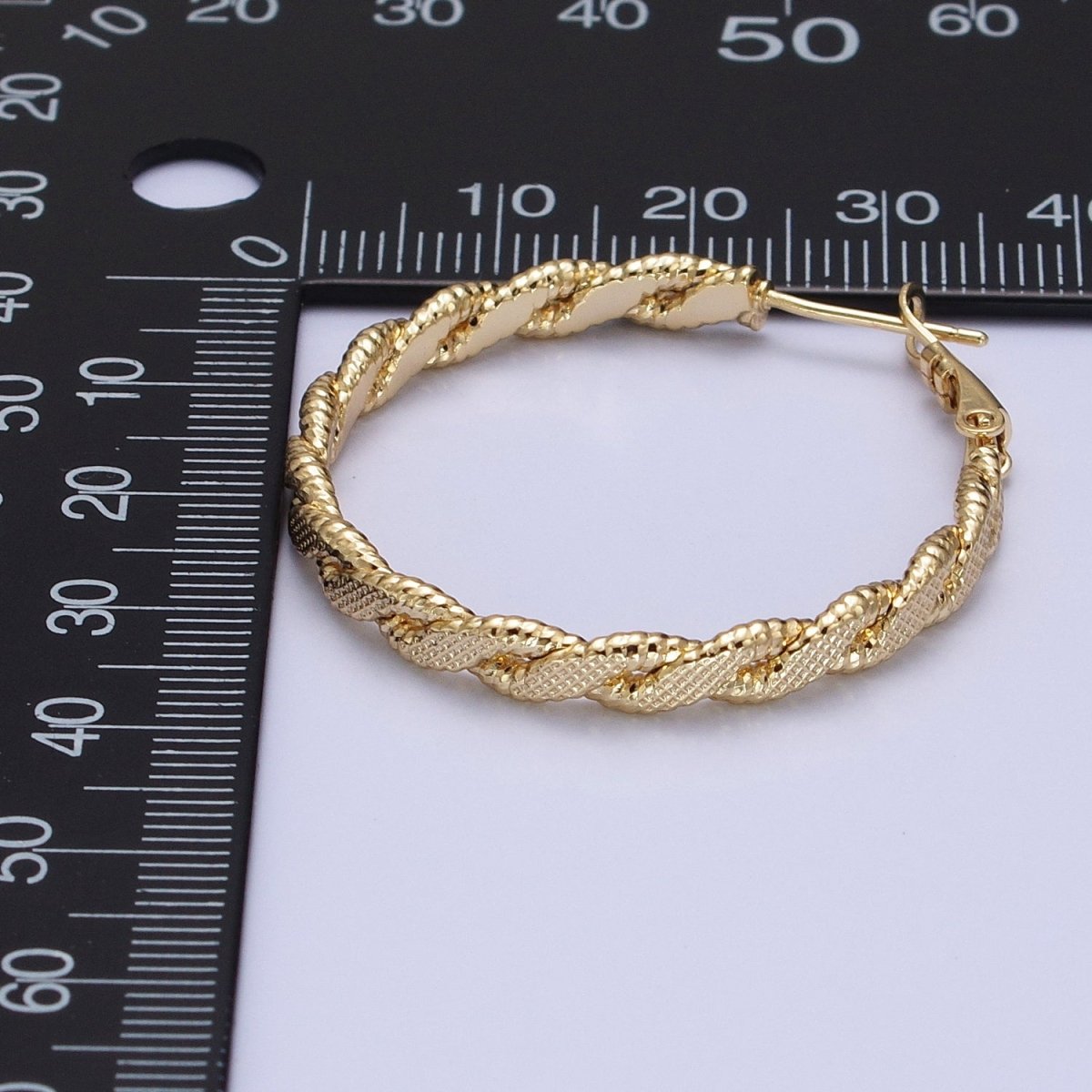 14K Gold plated 35mm Textured Flat Twisted Hinge Hoop Earrings | AE047 - DLUXCA