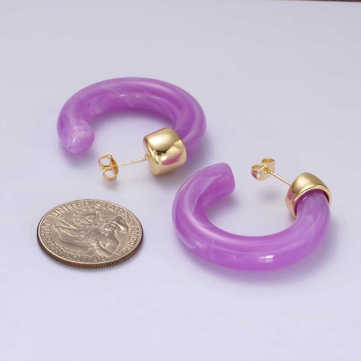 14K Gold plated 35mm Yellow, Green, Pink, Purple C-Shaped Resin Hoop Earrings | AE189 - AE192