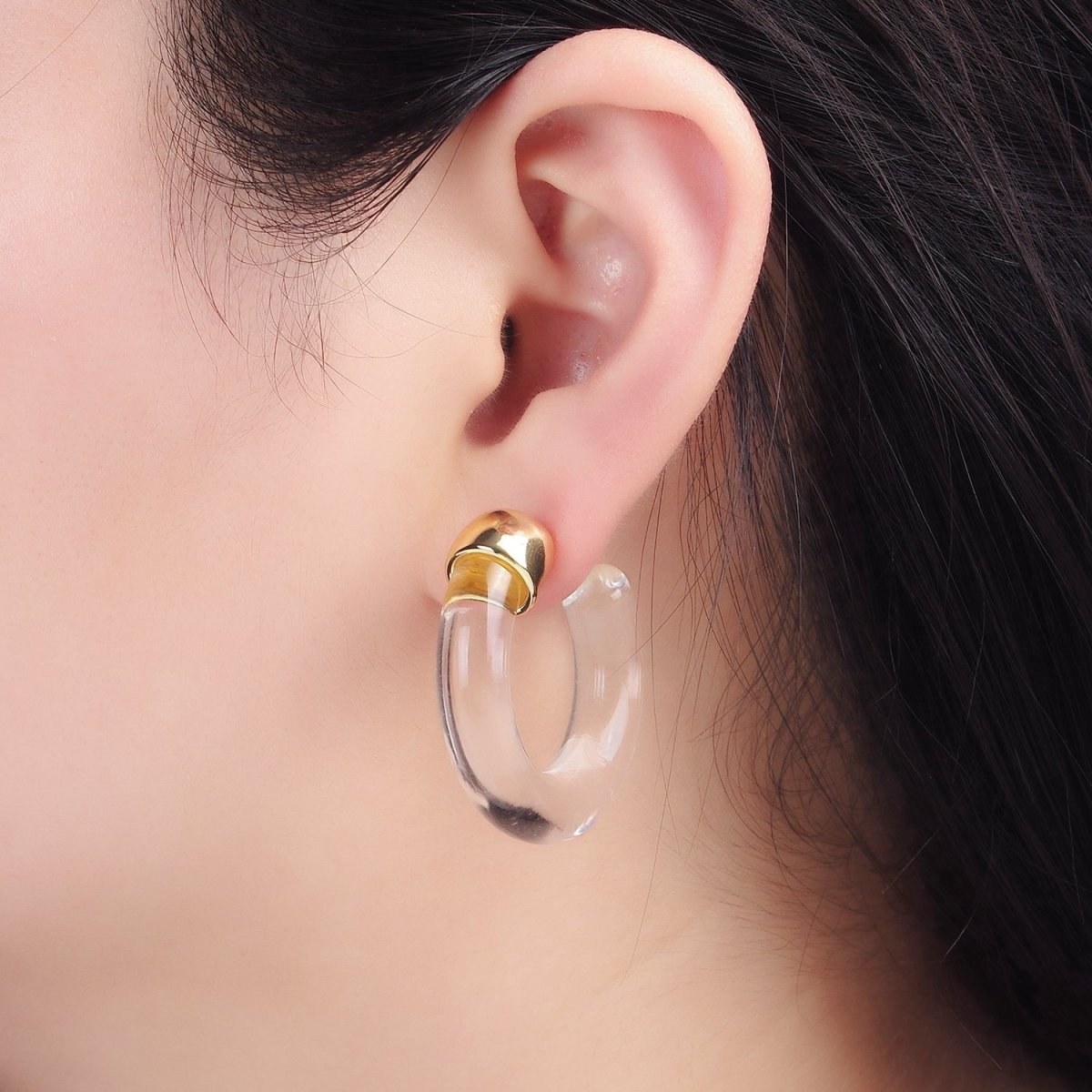14K Gold plated 35mm Yellow, Green, Pink, Purple C-Shaped Resin Hoop Earrings | AE189 - AE192
