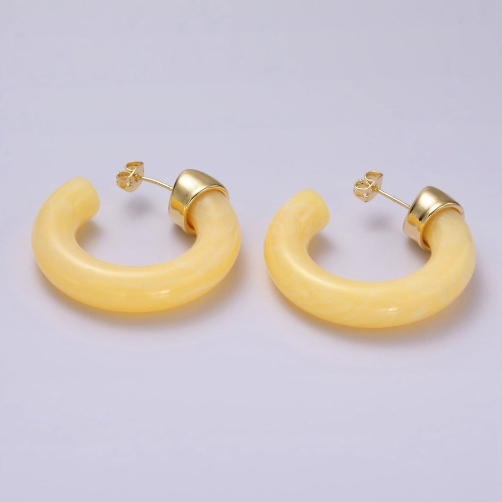 14K Gold plated 35mm Yellow, Green, Pink, Purple C-Shaped Resin Hoop Earrings | AE189 - AE192
