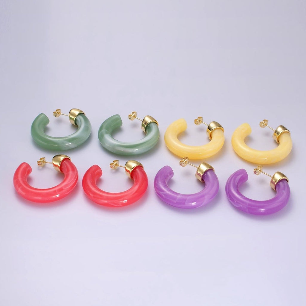 14K Gold plated 35mm Yellow, Green, Pink, Purple C-Shaped Resin Hoop Earrings | AE189 - AE192