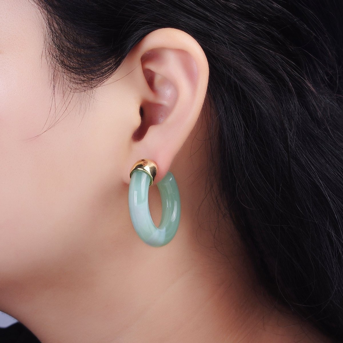 14K Gold plated 35mm Yellow, Green, Pink, Purple C-Shaped Resin Hoop Earrings | AE189 - AE192