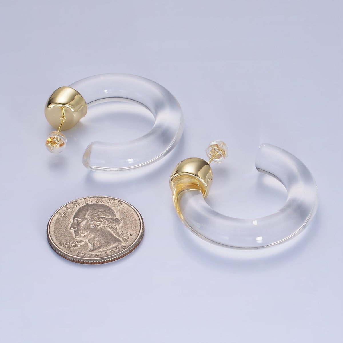 14K Gold plated 35mm Yellow, Green, Pink, Purple, Clear Resin C - Shaped Hoop Earrings | AE189 - AE192 P082 - DLUXCA