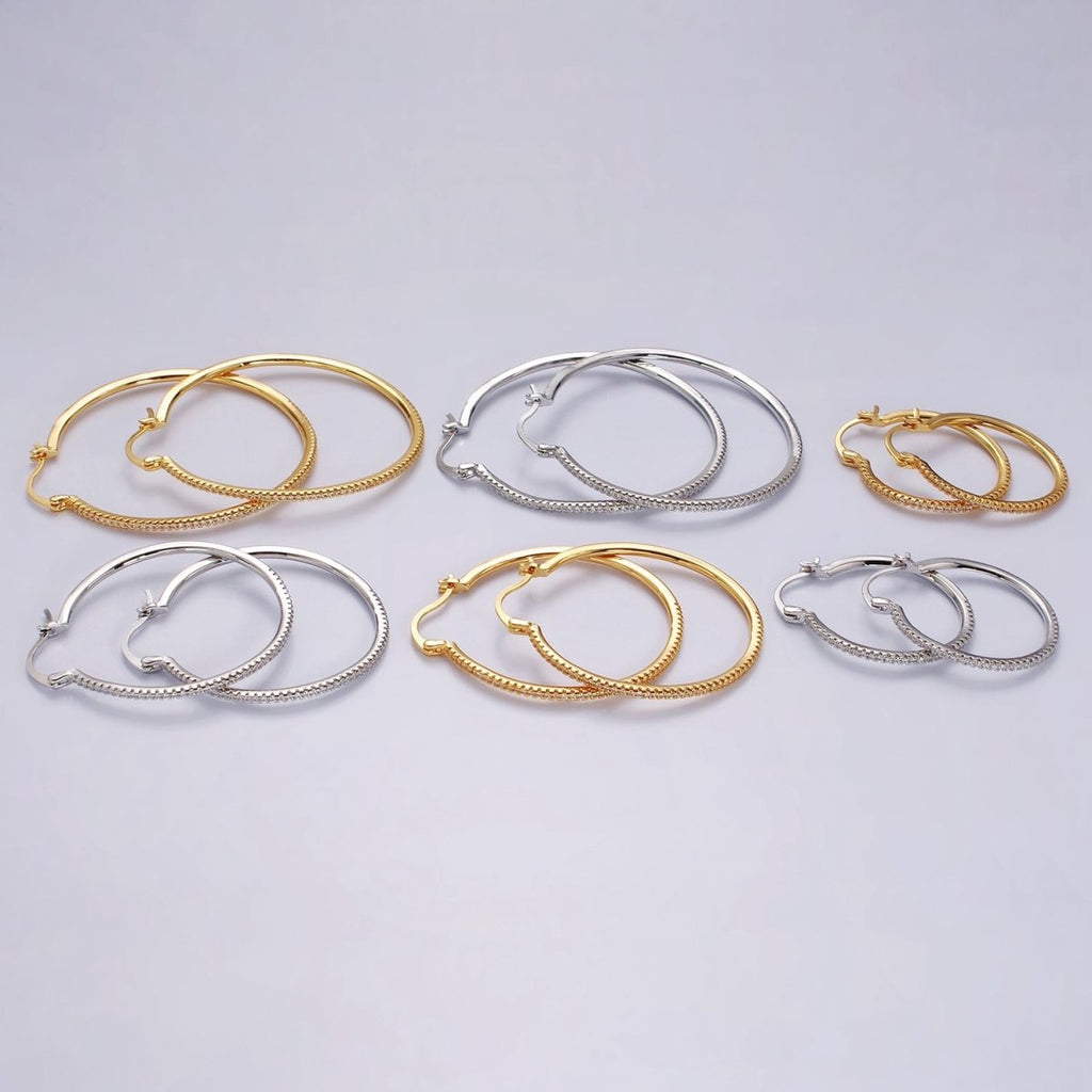 14K Gold plated 40mm, 30mm, 50mm Clear Micro Paved CZ Latch Hoop Earrings in Gold & Silver | AE139 - AE144