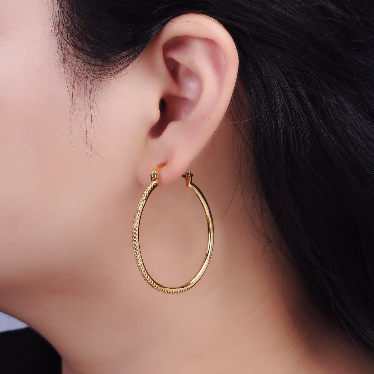 14K Gold plated 40mm, 30mm, 50mm Clear Micro Paved CZ Latch Hoop Earrings in Gold & Silver | AE139 - AE144