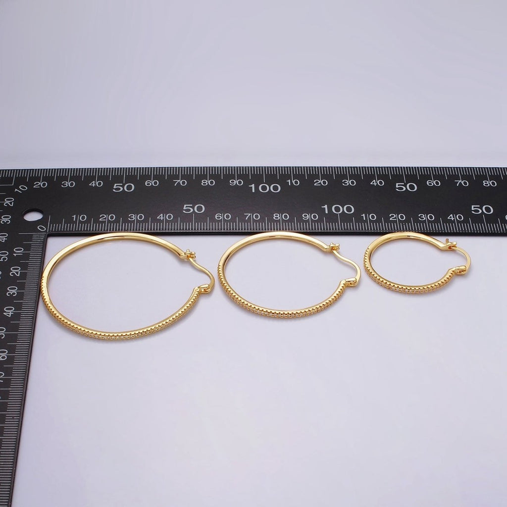 14K Gold plated 40mm, 30mm, 50mm Clear Micro Paved CZ Latch Hoop Earrings in Gold & Silver | AE139 - AE144