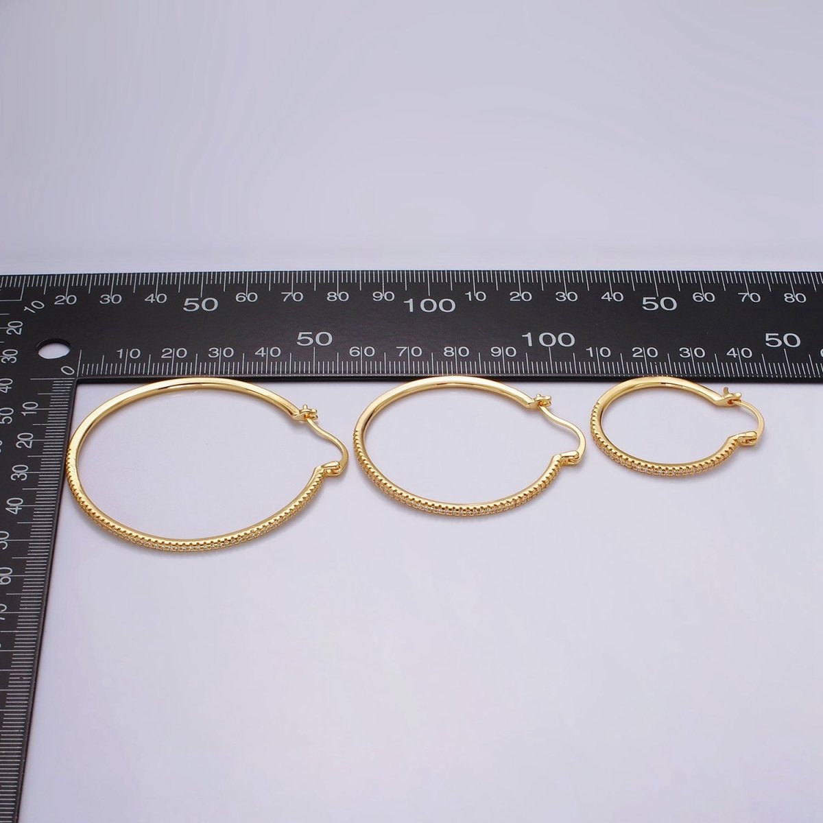 14K Gold plated 40mm, 30mm, 50mm Clear Micro Paved CZ Latch Hoop Earrings in Gold & Silver | AE139 - AE144