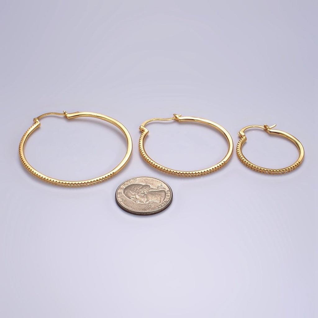 14K Gold plated 40mm, 30mm, 50mm Clear Micro Paved CZ Latch Hoop Earrings in Gold & Silver | AE139 - AE144