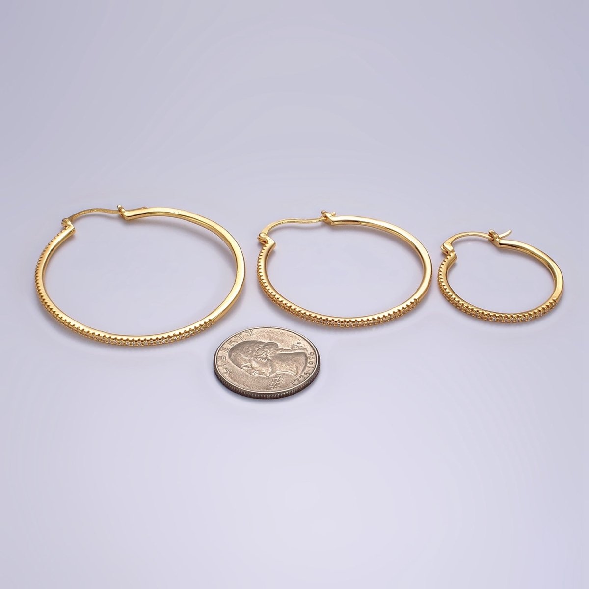 14K Gold plated 40mm, 30mm, 50mm Clear Micro Paved CZ Latch Hoop Earrings in Gold & Silver | AE139 - AE144
