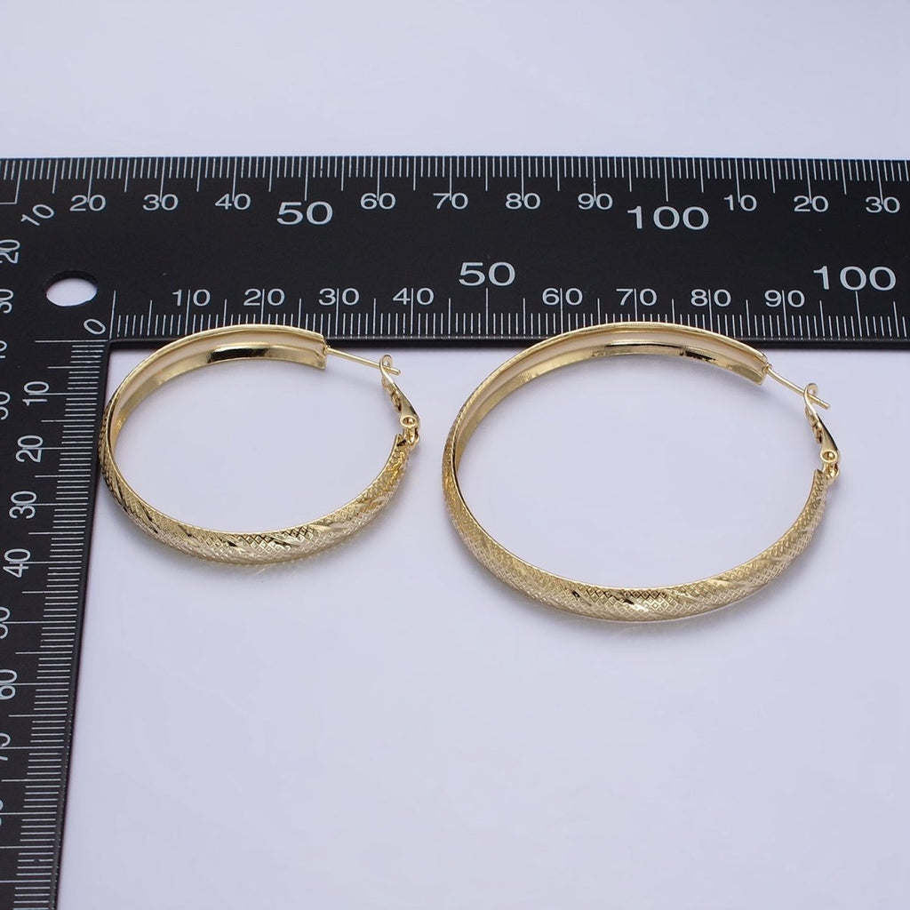 14K Gold plated 40mm, 50mm Rhombus Lined Textured Hinge Hoop Earrings | AE057 AE058 - DLUXCA