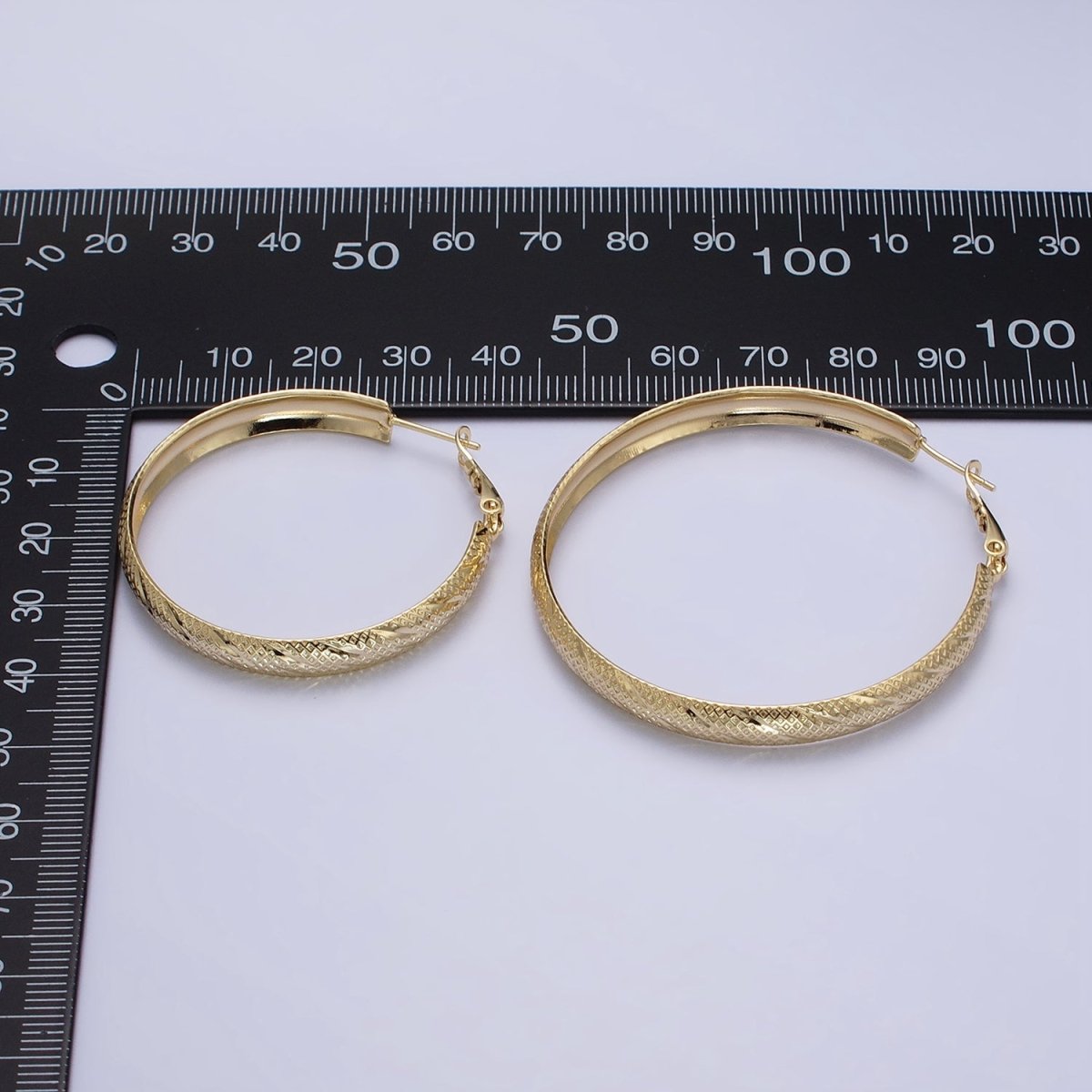 14K Gold plated 40mm, 50mm Rhombus Lined Textured Hinge Hoop Earrings | AE057 AE058 - DLUXCA
