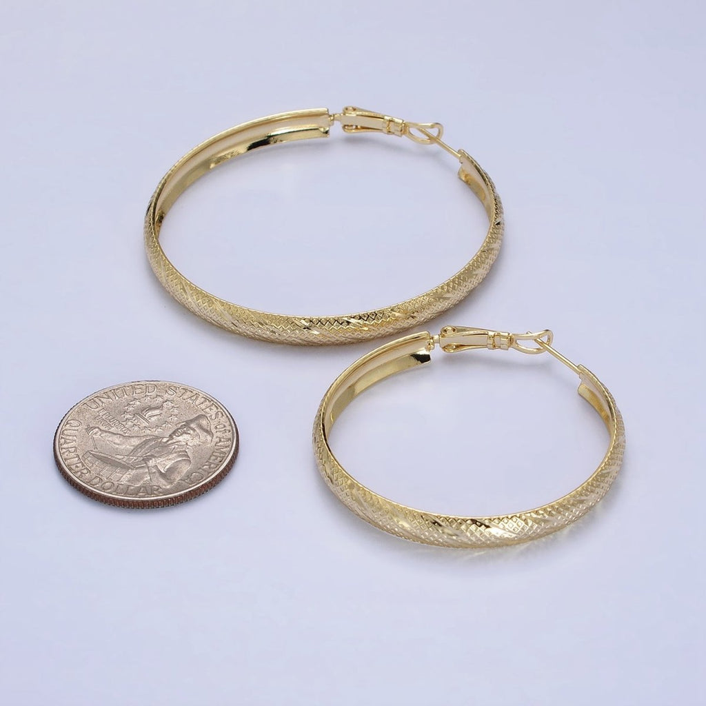 14K Gold plated 40mm, 50mm Rhombus Lined Textured Hinge Hoop Earrings | AE057 AE058 - DLUXCA