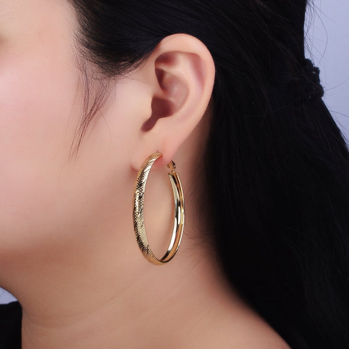 14K Gold plated 40mm, 50mm Rhombus Lined Textured Hinge Hoop Earrings | AE057 AE058 - DLUXCA
