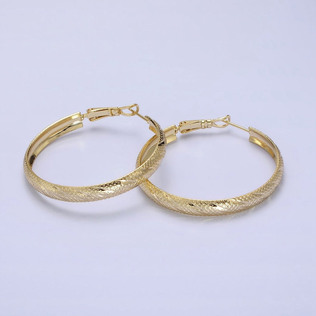14K Gold plated 40mm, 50mm Rhombus Lined Textured Hinge Hoop Earrings | AE057 AE058 - DLUXCA