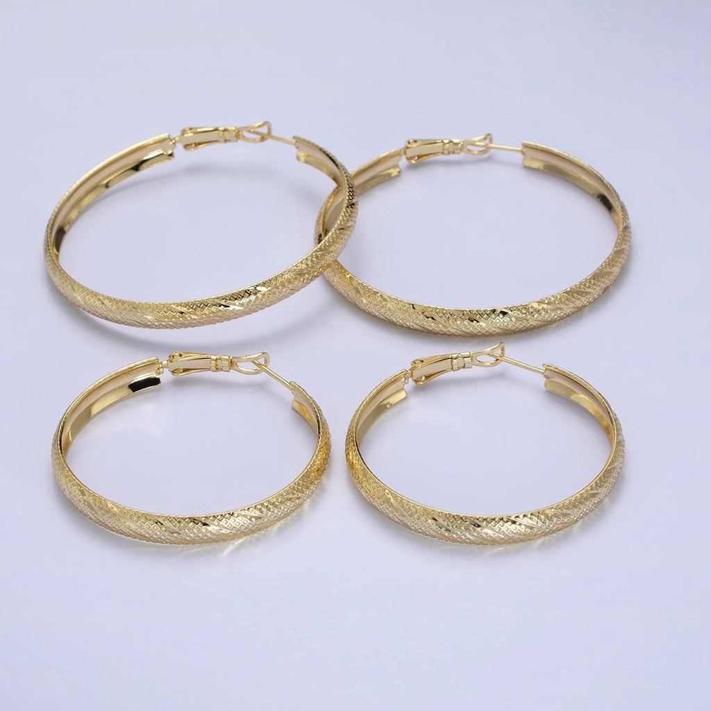 14K Gold plated 40mm, 50mm Rhombus Lined Textured Hinge Hoop Earrings | AE057 AE058 - DLUXCA