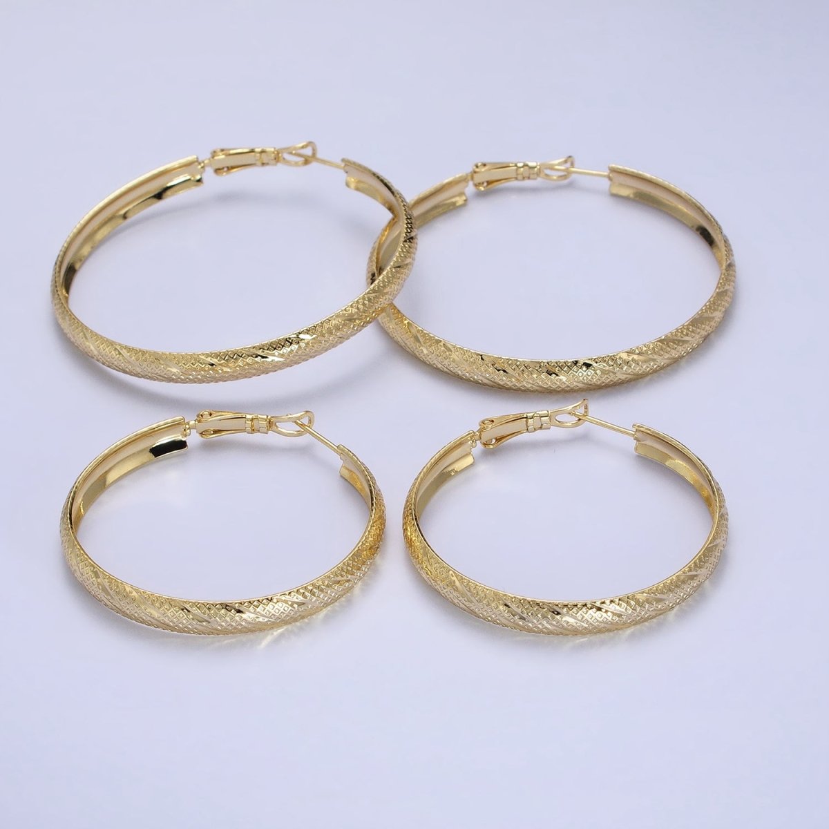 14K Gold plated 40mm, 50mm Rhombus Lined Textured Hinge Hoop Earrings | AE057 AE058 - DLUXCA