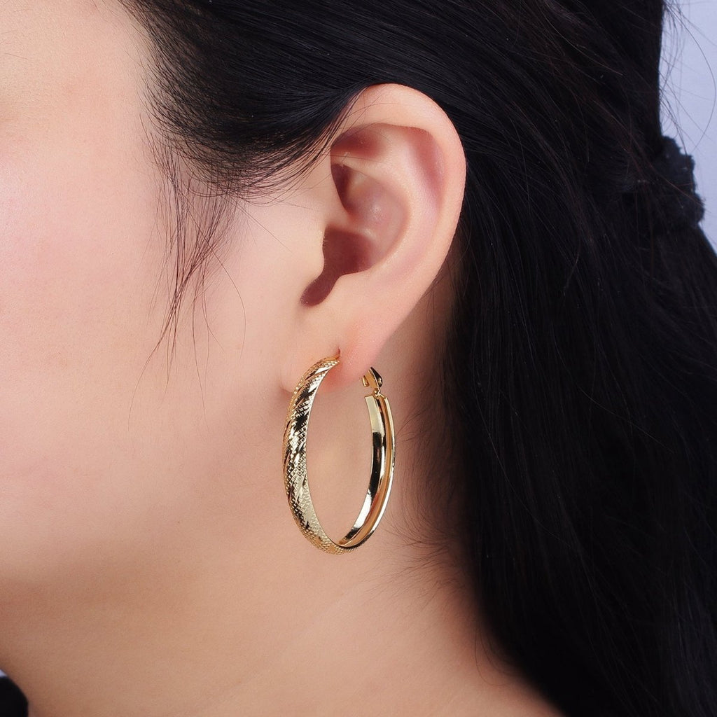 14K Gold plated 40mm, 50mm Rhombus Lined Textured Hinge Hoop Earrings | AE057 AE058 - DLUXCA