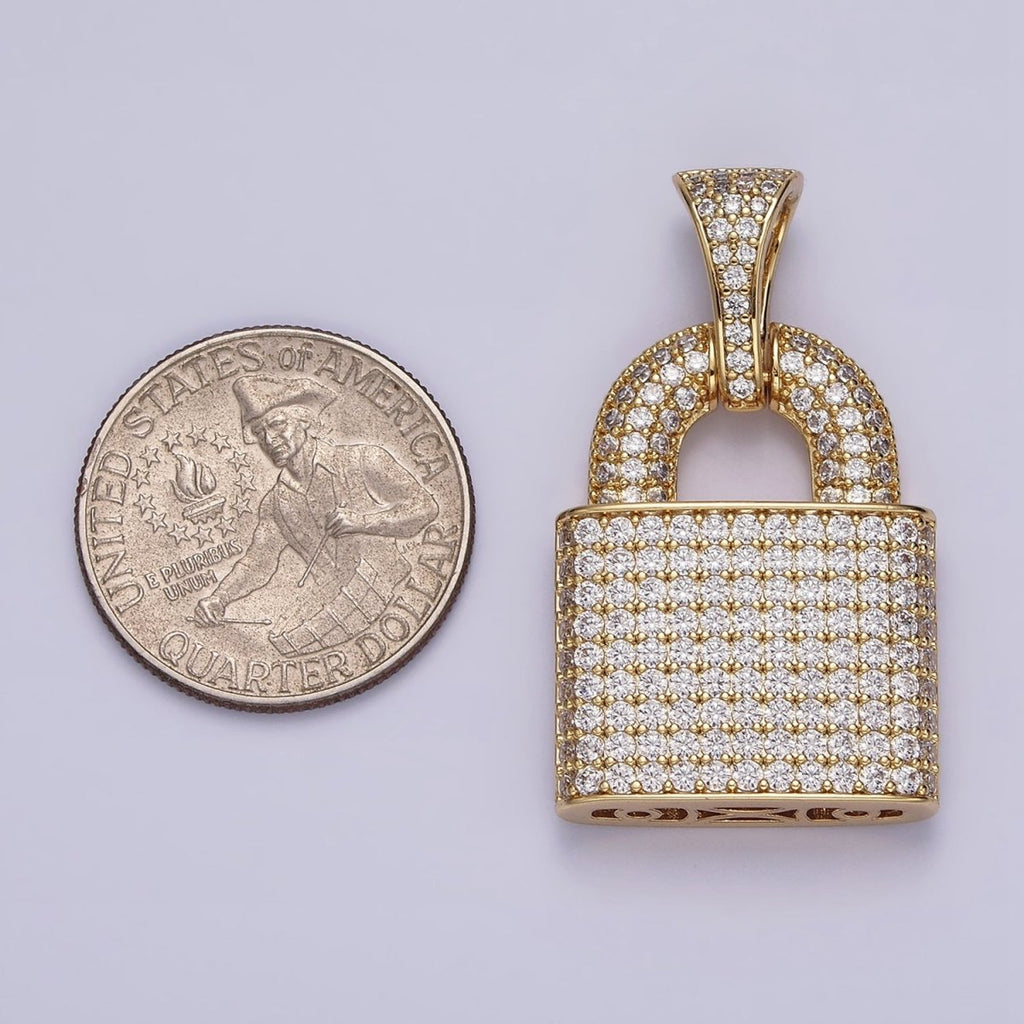 14K Gold plated 40mm Clear Micro Paved CZ Padlock Pendant | AA647 - DLUXCA