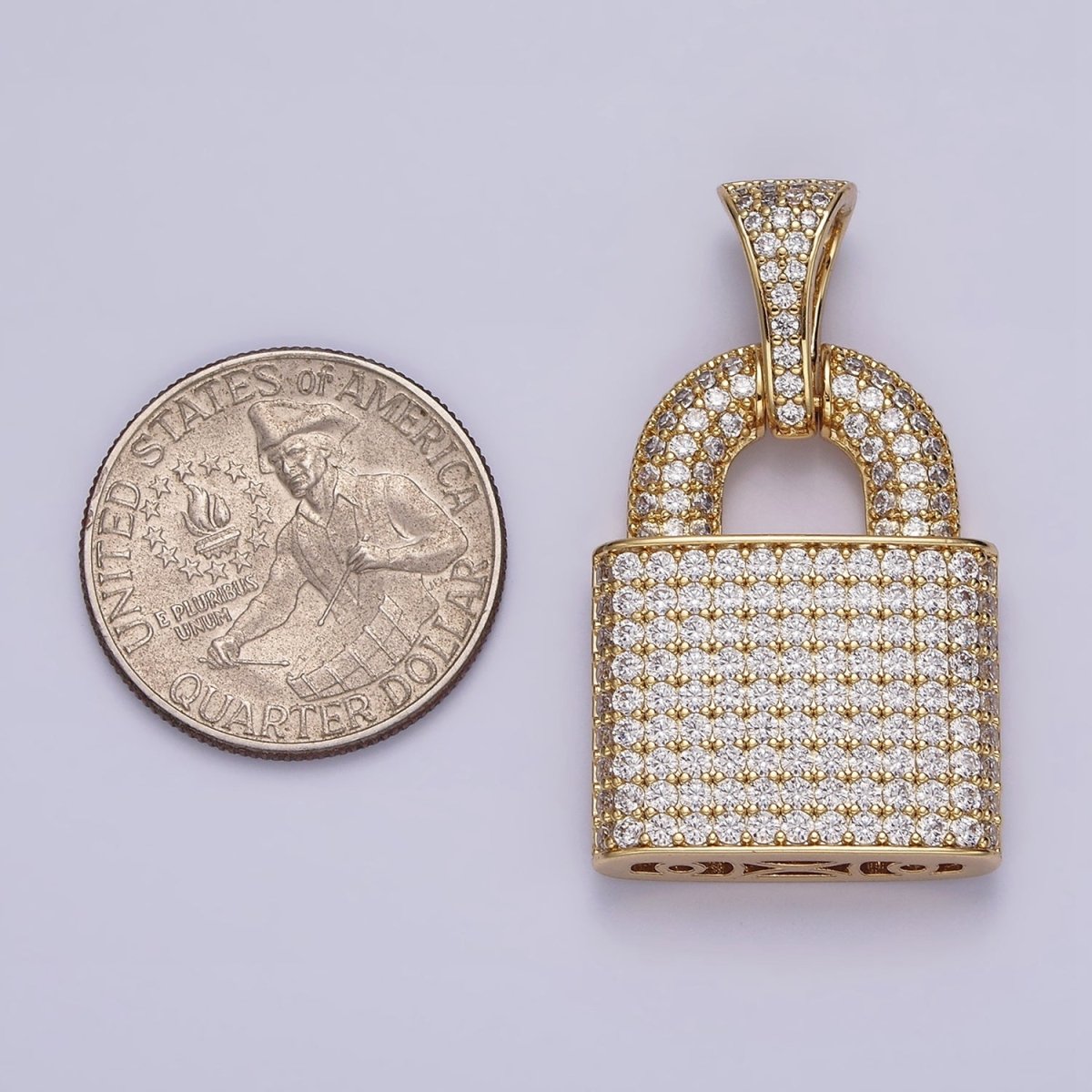 14K Gold plated 40mm Clear Micro Paved CZ Padlock Pendant | AA647 - DLUXCA