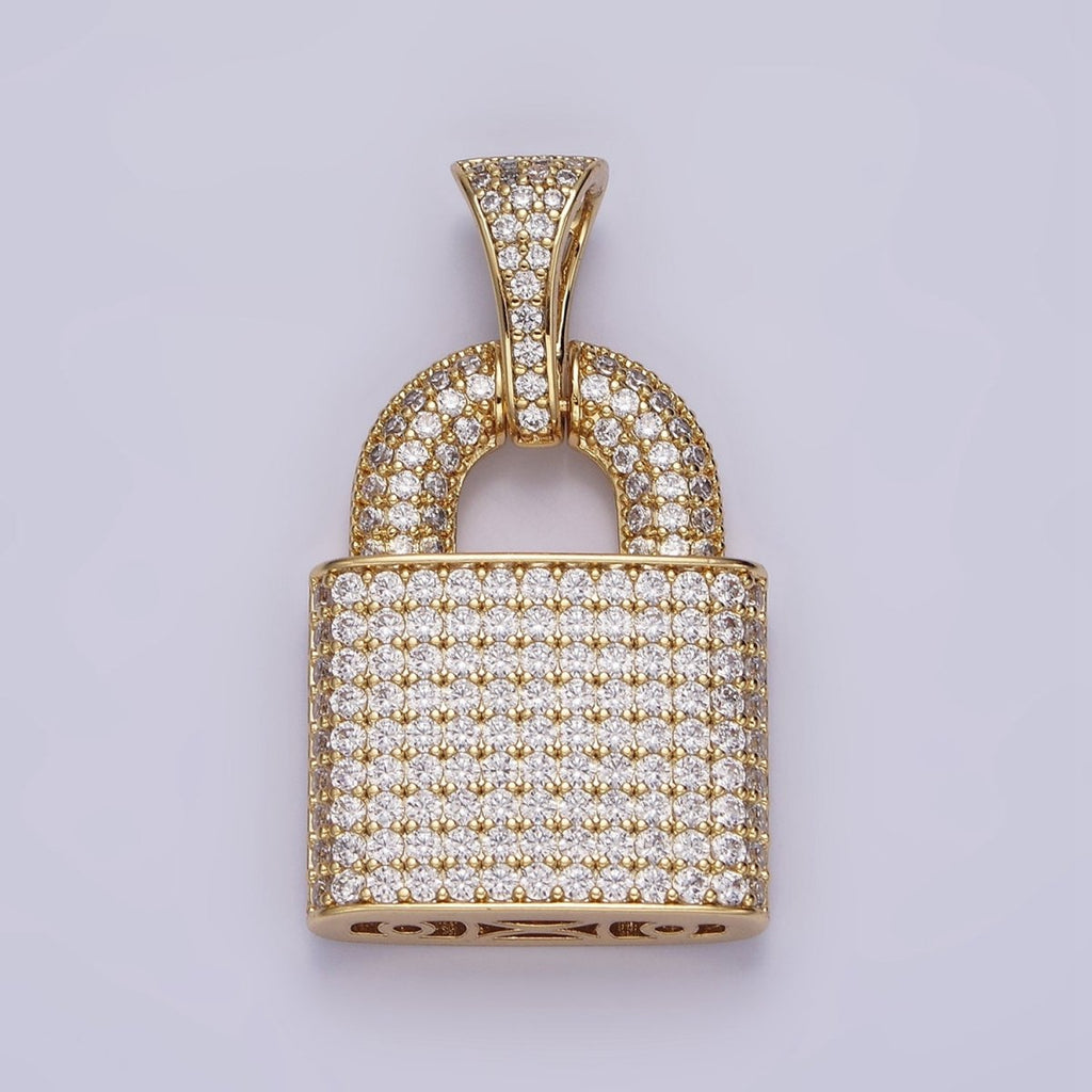 14K Gold plated 40mm Clear Micro Paved CZ Padlock Pendant | AA647 - DLUXCA