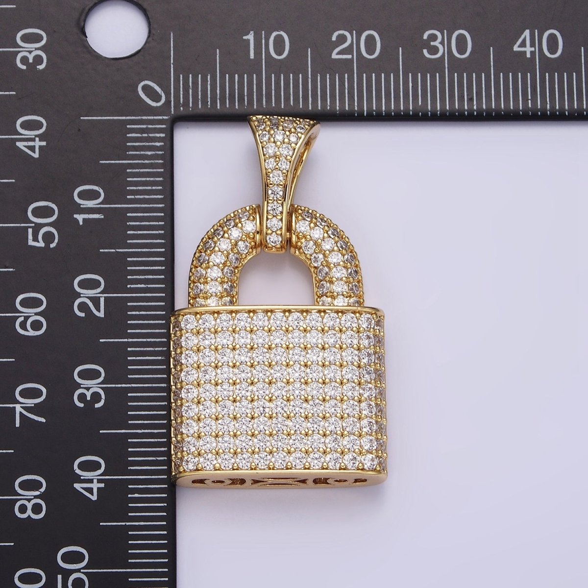 14K Gold plated 40mm Clear Micro Paved CZ Padlock Pendant | AA647 - DLUXCA